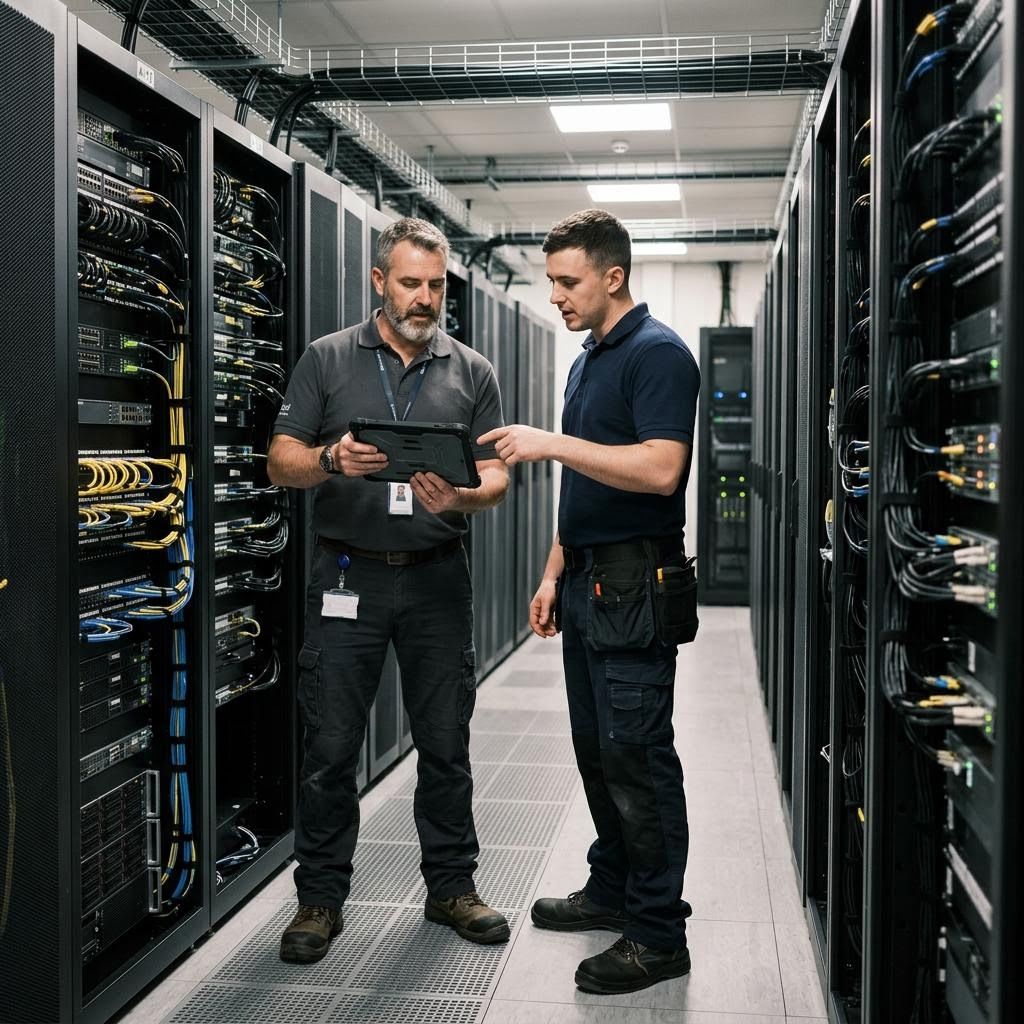 Two IT technicians reviewing a tablet in a server room.