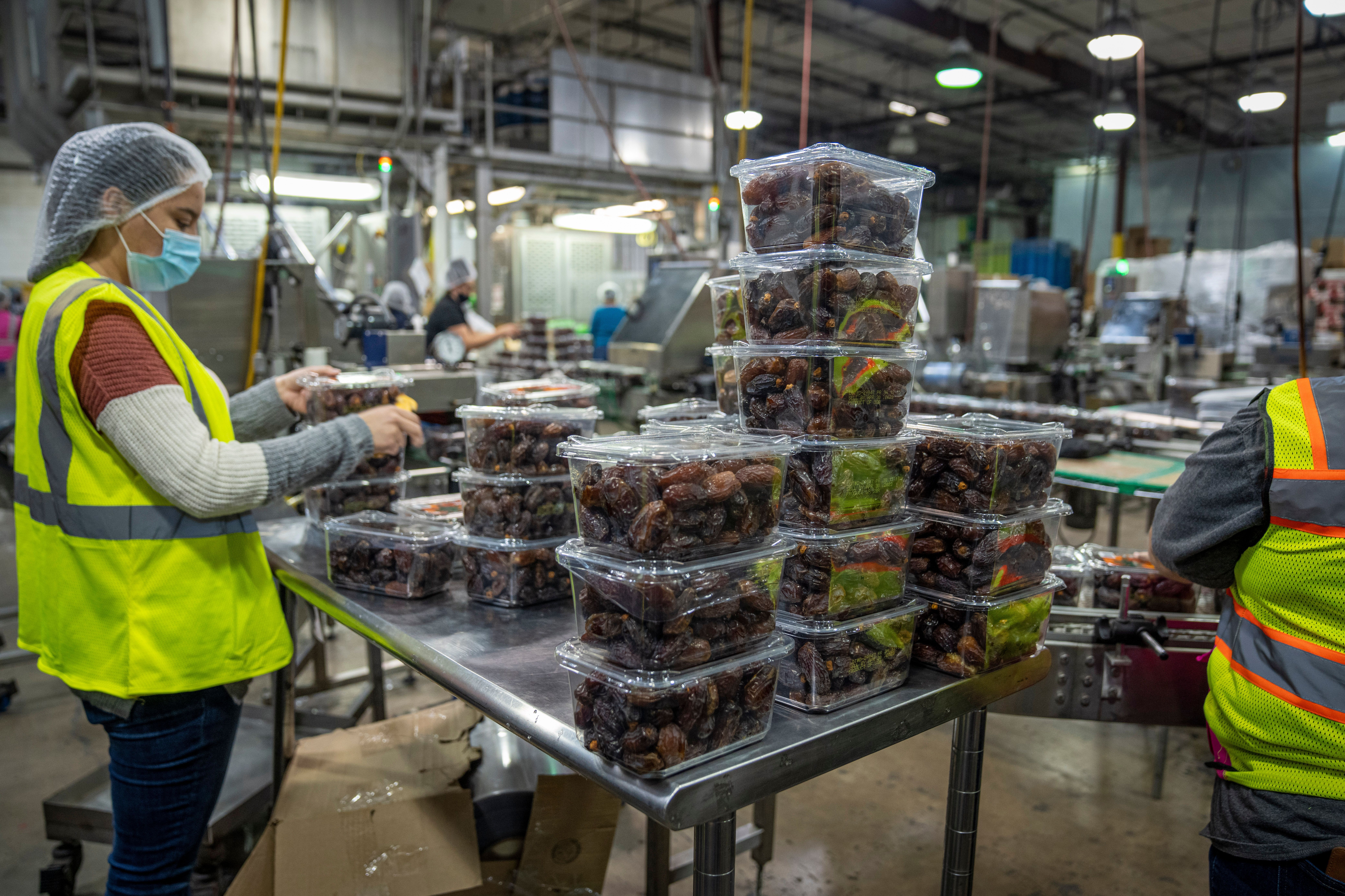 Workers packaging containers on a food production line.