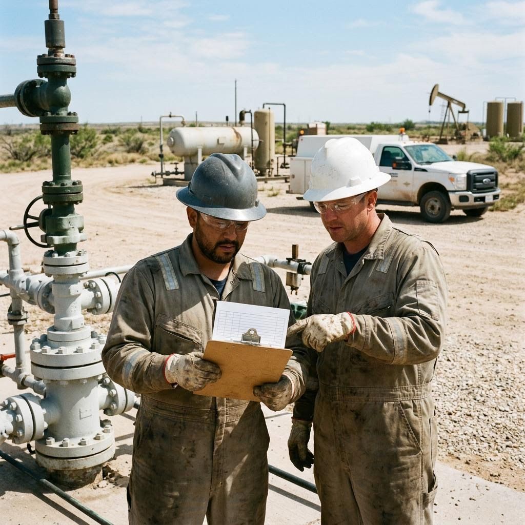 Two oilfield service workers reviewing a document at a field site.